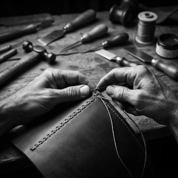 Manos de artesano pasando aguja e hilo encerado por piel genuina en el taller de Joya Real