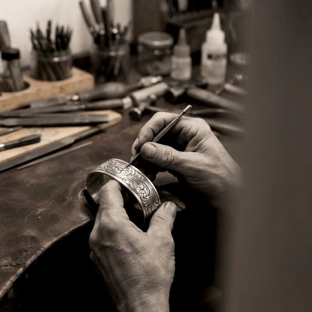 Manos de artesano grabando a mano un brazalete de plata con diseño de hojas en el taller de Joya Real