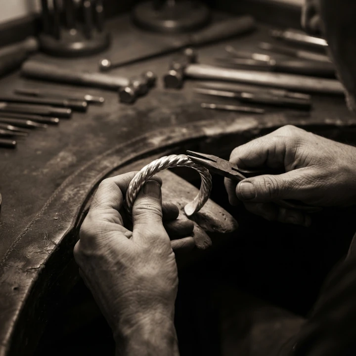 Manos de artesano moldeando con pinzas un brazalete de plata en el taller de Joya Real