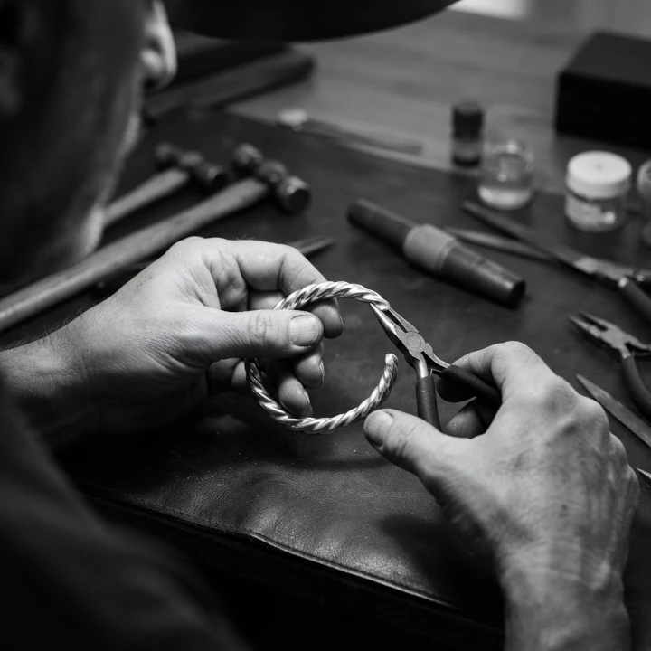 Manos de artesano ajustando con pinzas la forma de un brazalete de plata en el taller