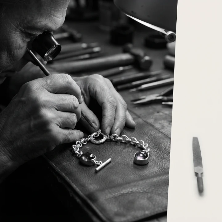 Artesano con lupa de joyero revisando el acabado de una pulsera de plata en el taller de Joya Real