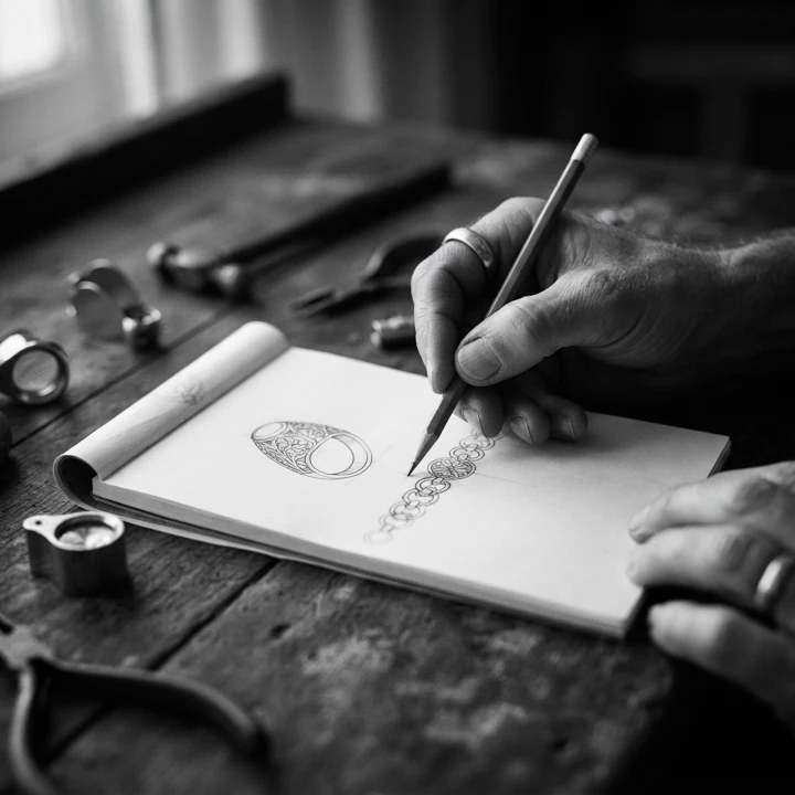 Mano de artesano dibujando el boceto de un anillo en el taller de Joya Real