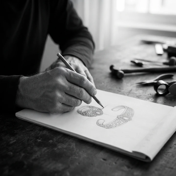 Mano de artesano trazando a lápiz el diseño de un brazalete en el taller de Joya Real