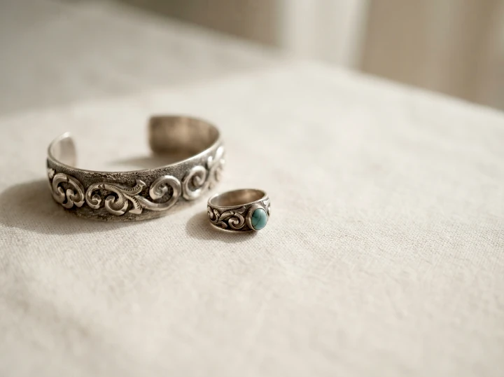Brazalete de plata grabado y anillo con piedra turquesa sobre lino, Joya Real