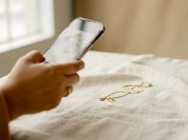 Mano sosteniendo un celular y fotografiando un collar de oro sobre tela de lino, para enviar la cotización a Joya Real