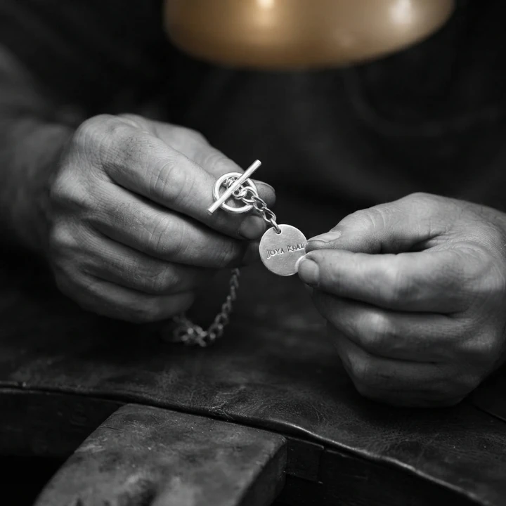Manos de artesano revisando a la luz el grabado de un brazalete de plata Joya Real