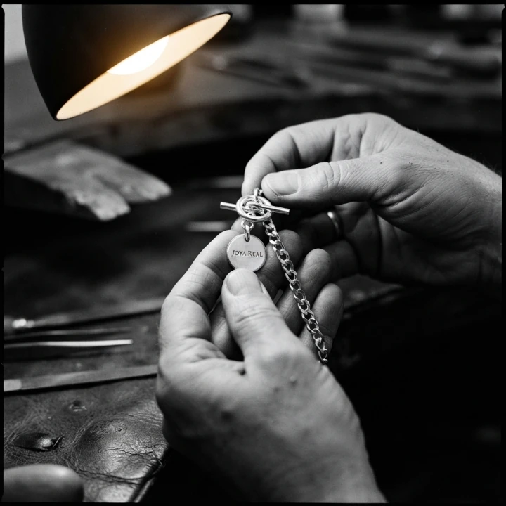 Manos de artesano sosteniendo a la luz un brazalete de plata grabado con el nombre Joya Real
