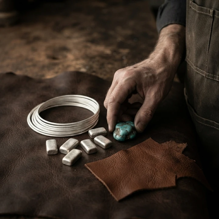 Plata, piedra turquesa y piel seleccionadas sobre la mesa de trabajo del taller de Joya Real