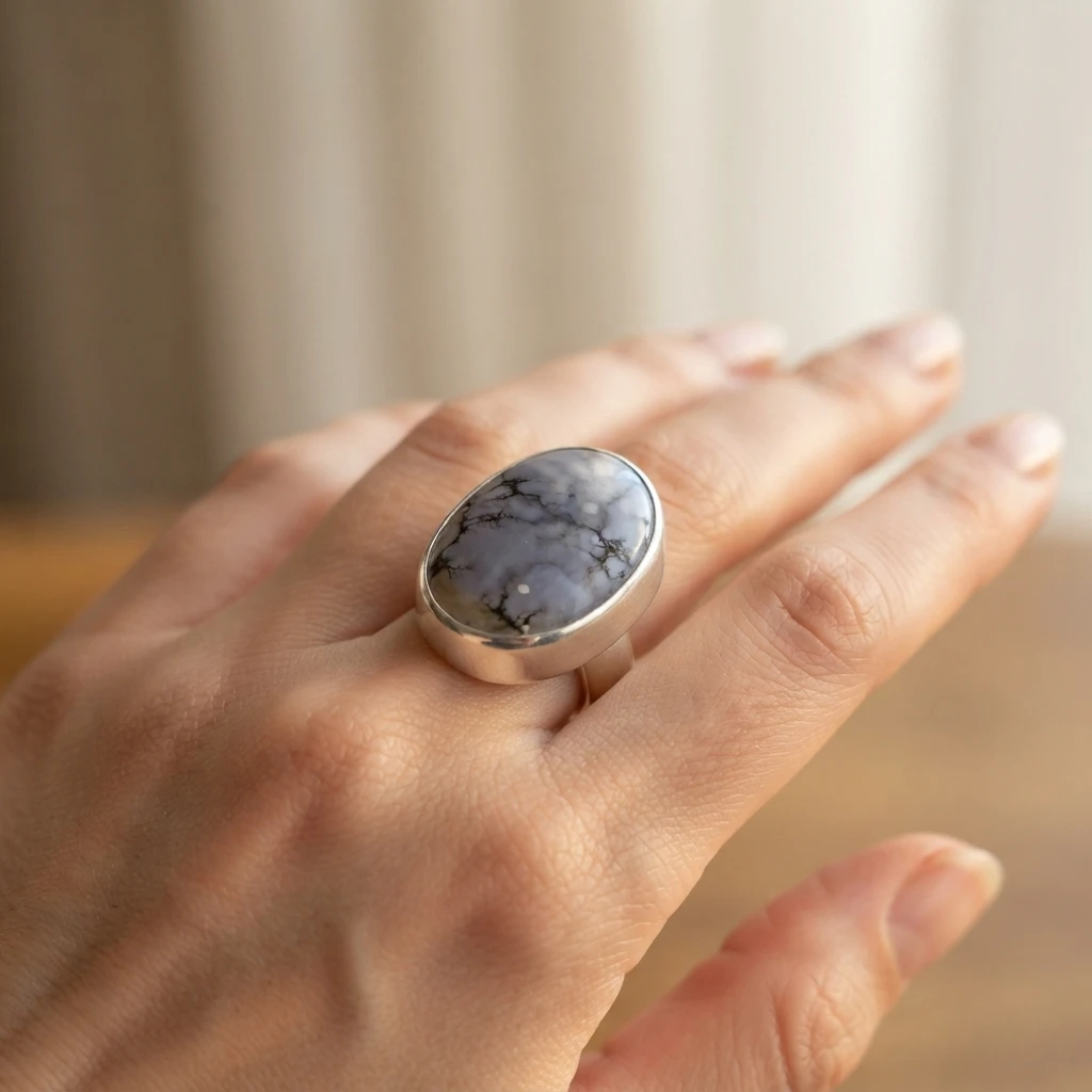 Mano luciendo el anillo de plata con piedra azul-lavanda, colección Imperia de Joya Real