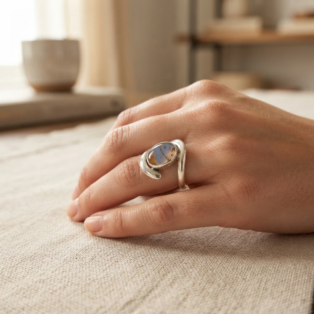 Mano luciendo el anillo de plata con piedra dendrítica, colección Imperia de Joya Real