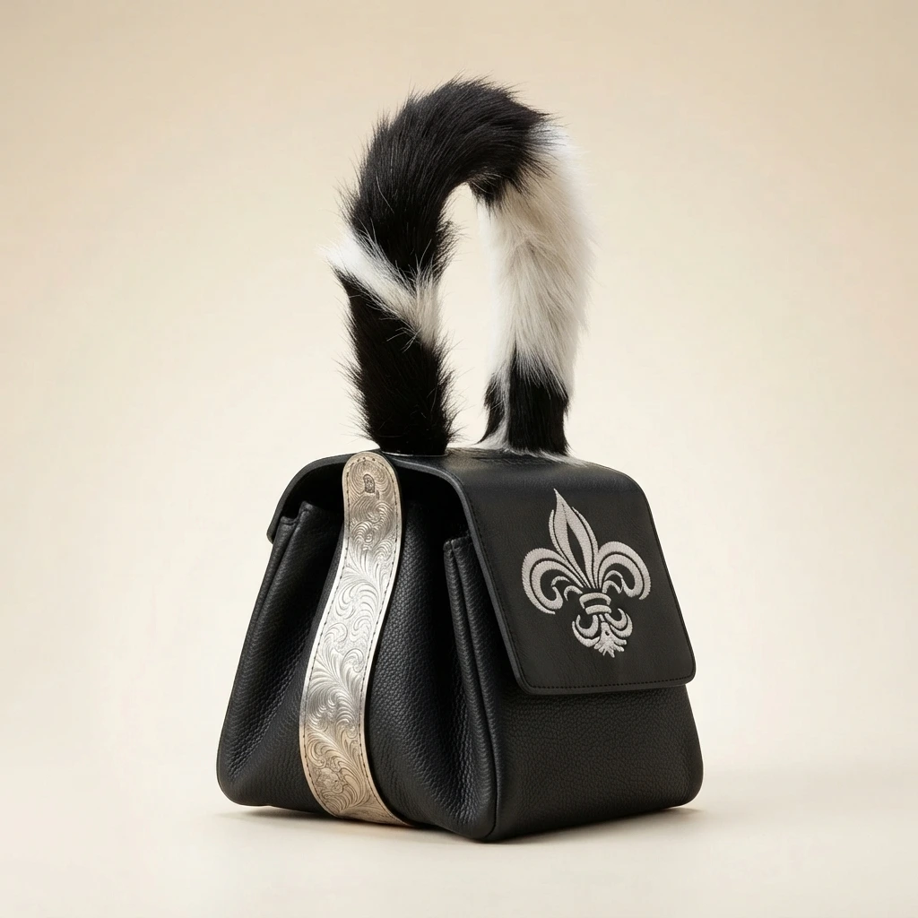 Bolso de piel negra con flor de lis bordada, asa de pelo blanco y negro tipo estribo y herraje de plata grabado, colección Stribo de Joya Real