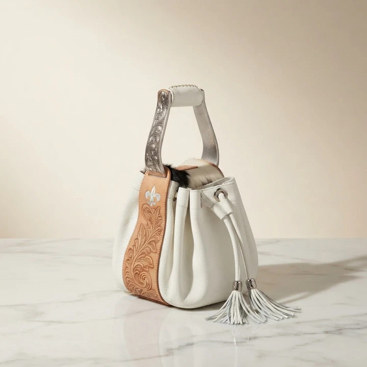 Bolso de piel blanca con panel lateral de piel tallada y flor de lis bordada, asa de metal grabado, colección Stribo de Joya Real