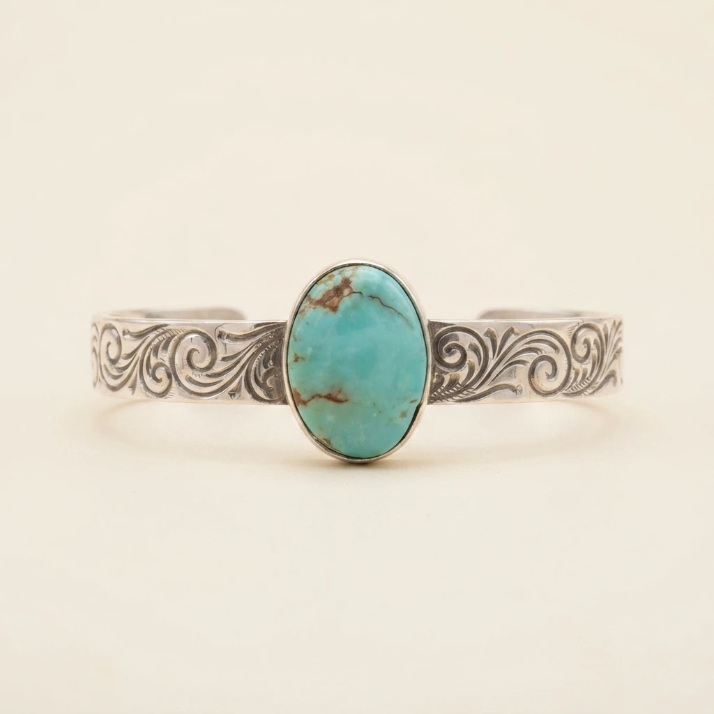 Brazalete de plata grabado con motivos western y piedra de turquesa natural, colección Imperia de Joya Real