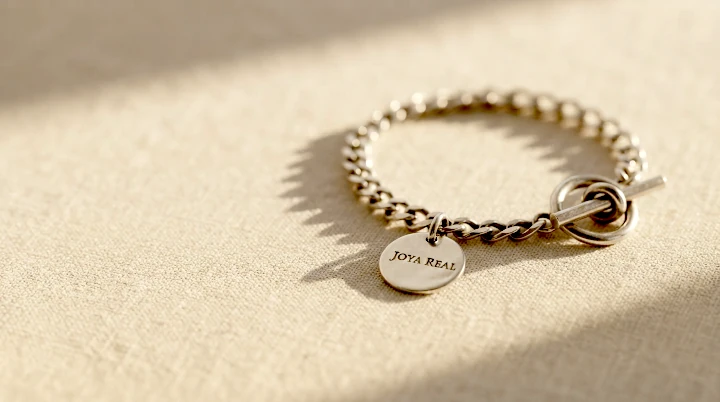 Pulsera de plata con cadena tipo cubana y dije redondo grabado "Joya Real", sobre lino color crema con luz natural cálida, colección Imperia