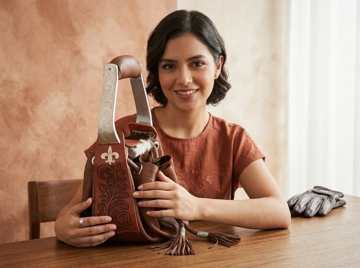 Mujer luciendo el bolso camel de piel lisa, colección Stribo de Joya Real