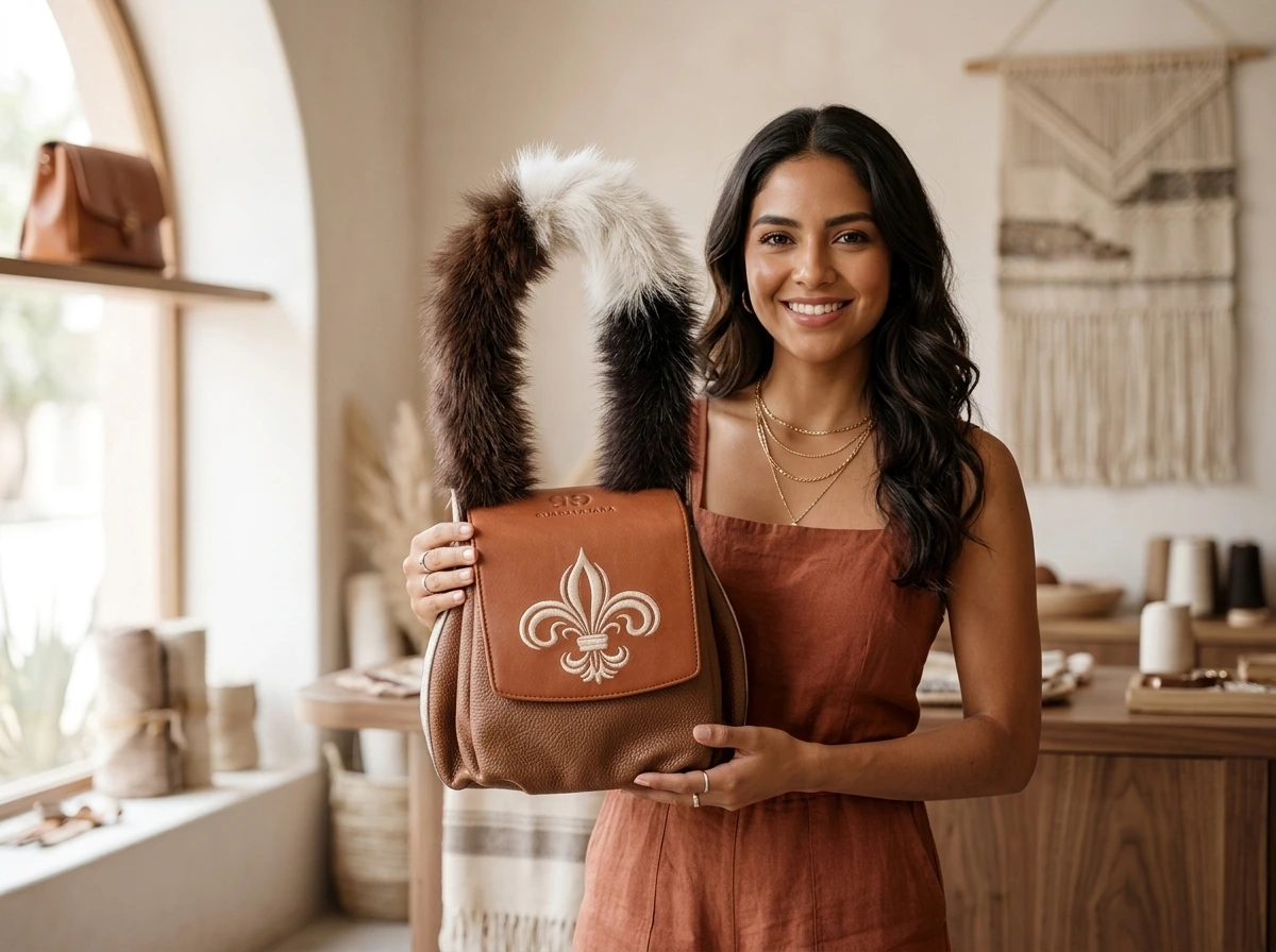 Mujer luciendo el bolso cognac de piel con asa de pelo, colección Stribo de Joya Real