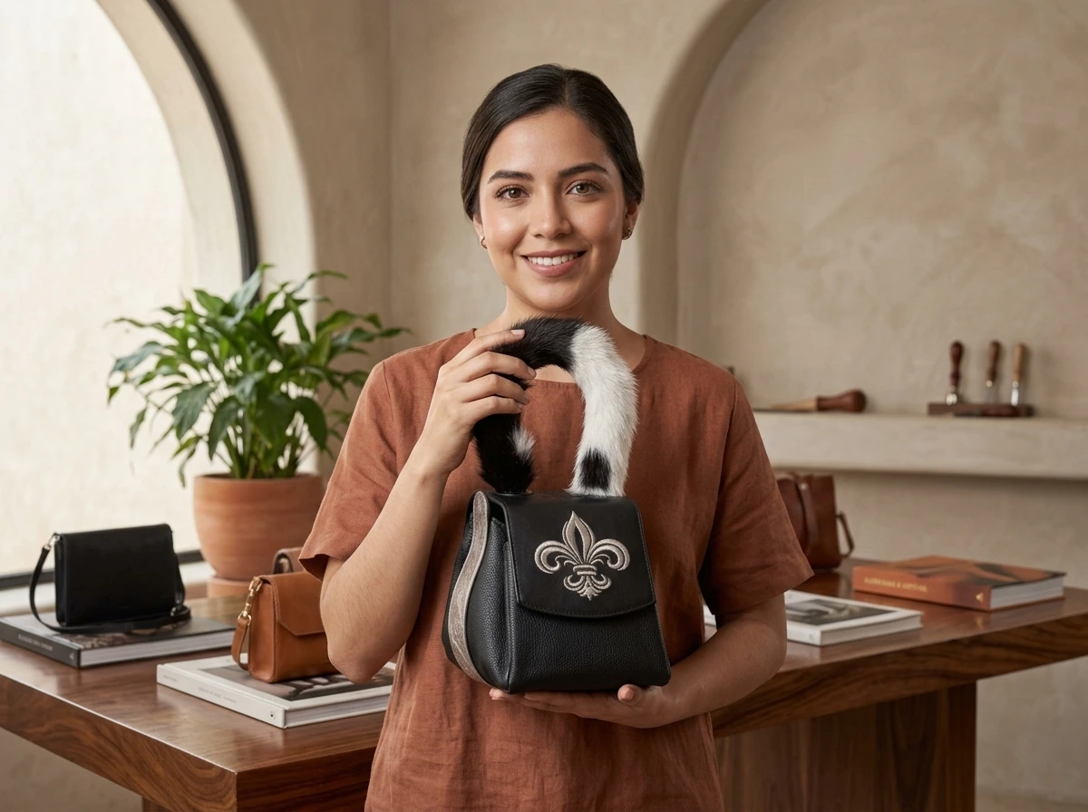 Mujer luciendo el bolso negro con asa de pelo, colección Stribo de Joya Real