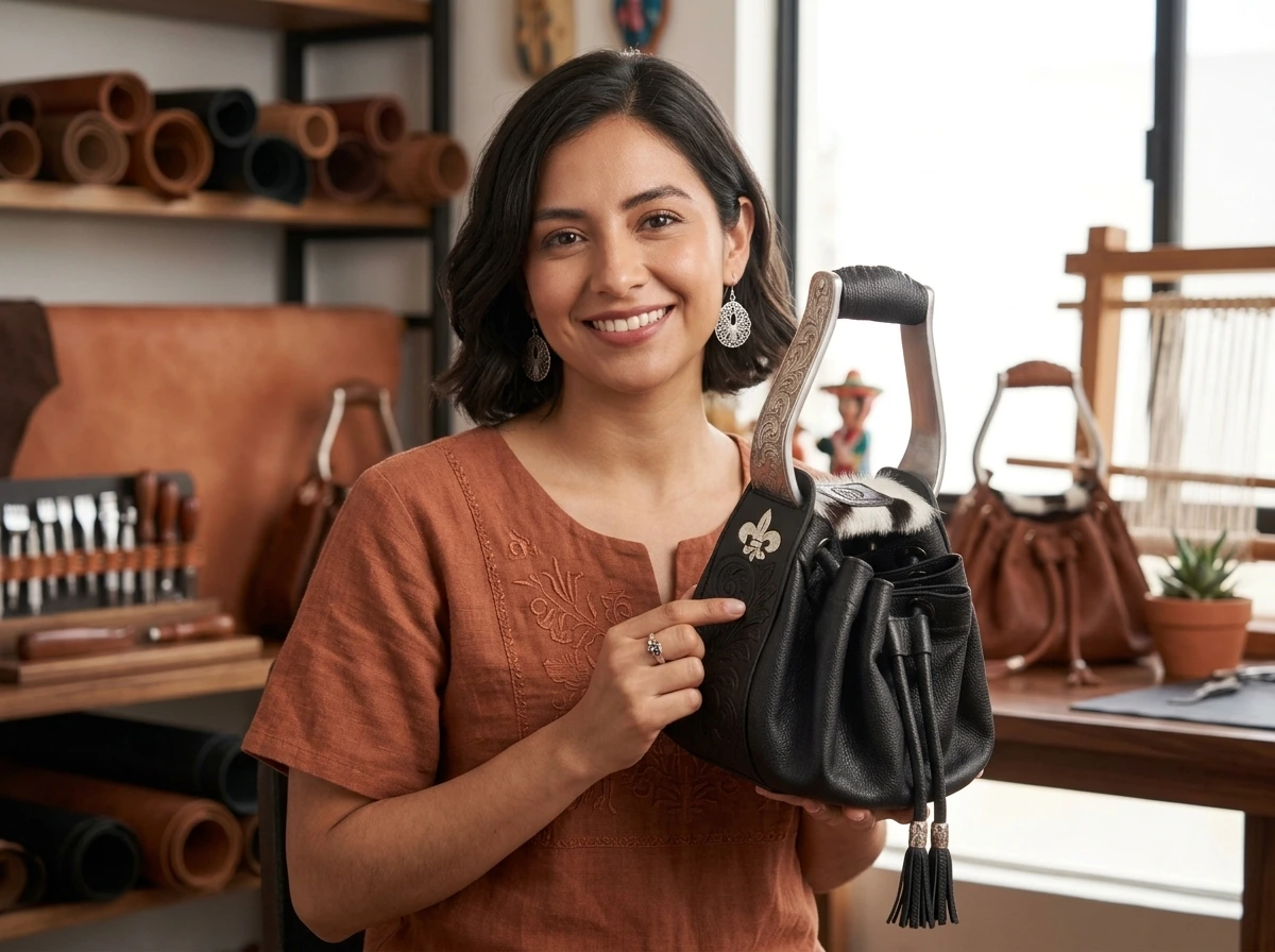 Mujer luciendo el bolso negro con asa de estribo, colección Stribo de Joya Real