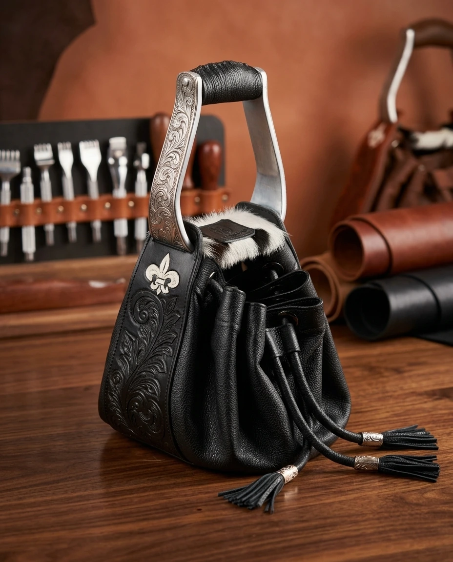 Bolso negro de piel con asa de estribo y panel tallado, colección Stribo de Joya Real